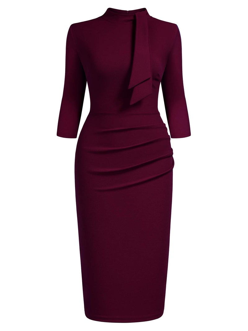 Miusol Women's Retro Half Collar Ruffle 2/3 Sleeve Cocktail Pencil Dress(Medium, Burgundy) - Image 3